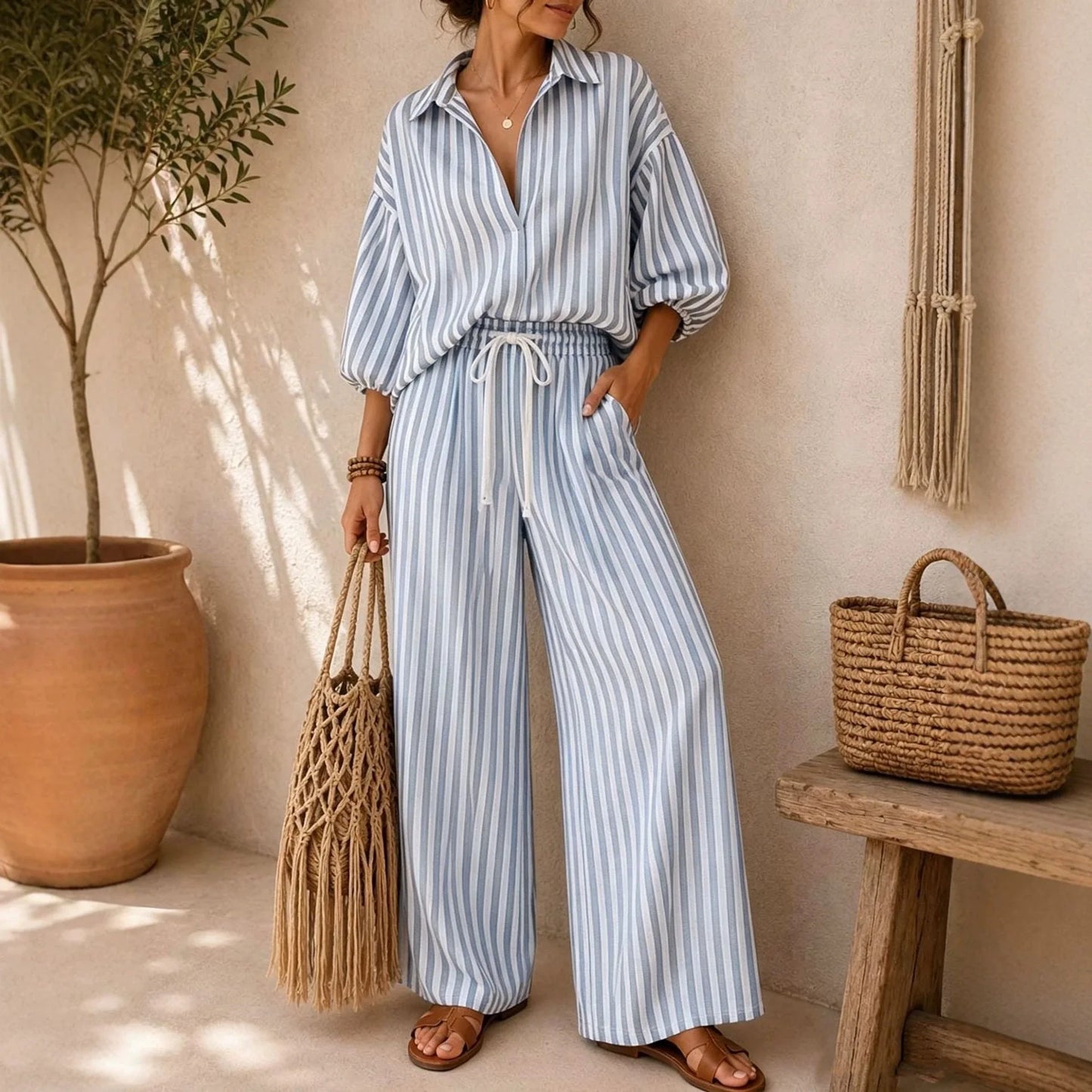 Fashion Stripe Two Piece Set Women Summer Autumn Casual V Neck Long Sleeved Top Wide Leg Pants 2 Piece Suit Women Outfit Sets