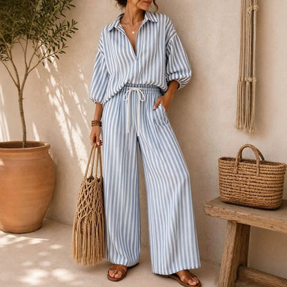 Fashion Stripe Two Piece Set Women Summer Autumn Casual V Neck Long Sleeved Top Wide Leg Pants 2 Piece Suit Women Outfit Sets