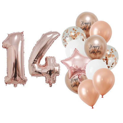 13 Pcs Rose Gold Mixed Balloons 32 Inch Foil Number Ball 10 11 12 13 14 15 Years Old Girls Birthday Party Decorations Supplies