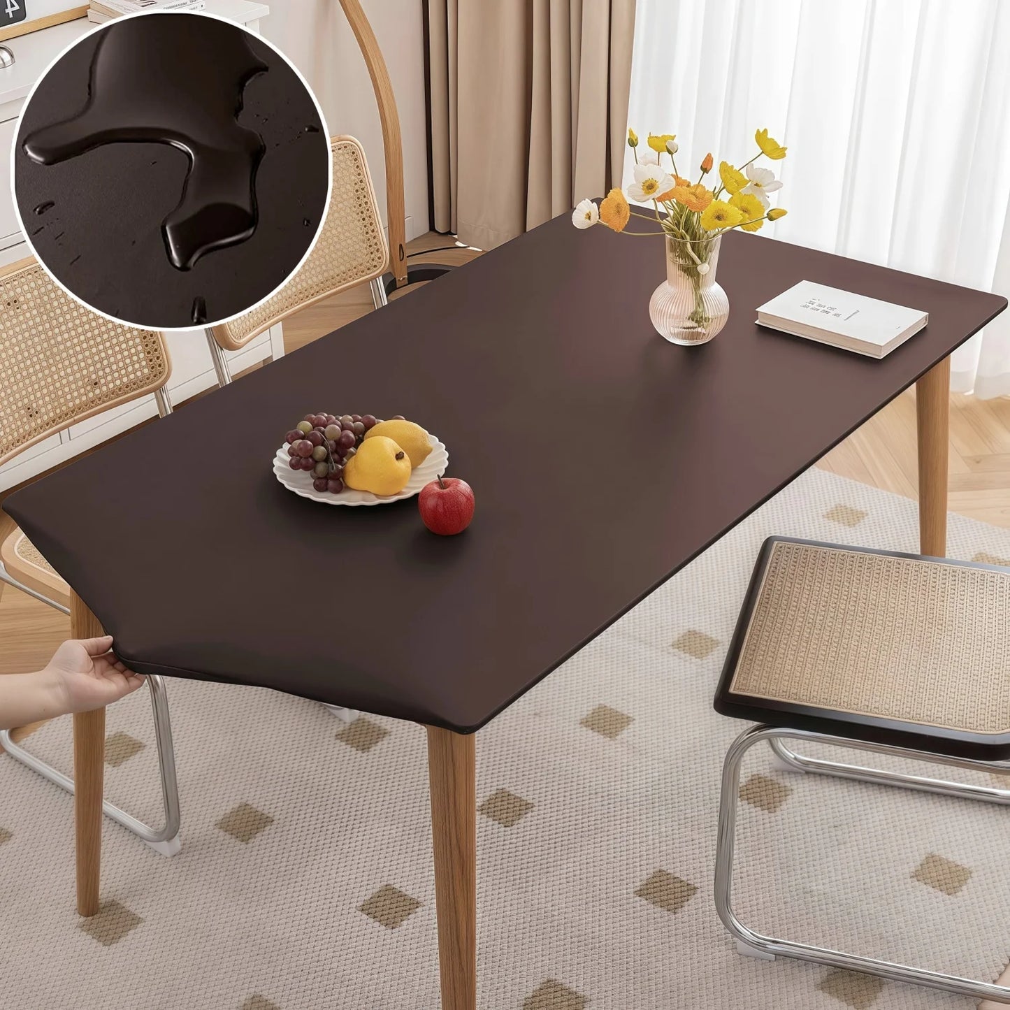 Waterproof Table Cloth Picnic Elastic PU Leather Fitted Edged Table Cloth Stretch Square/Rectangle Table Cover Wipe-Clean