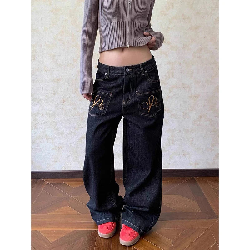 ZHIZOU Women Chic Baggy Embroidery Jeans Grunge Japanese Low Rise Y2K Denim Pants 2000s Aesthetic Harajuku Abi Grunge Cyber Punk