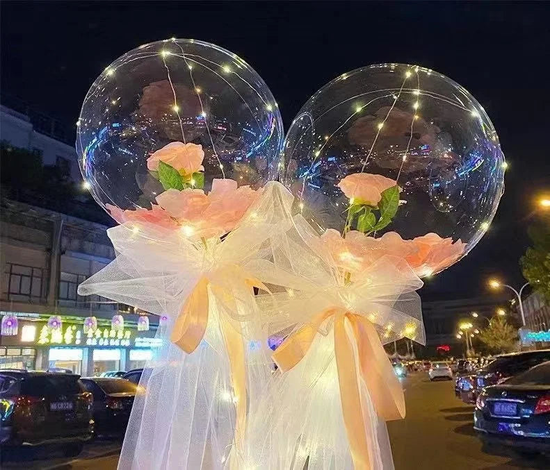 LED Luminous Balloon Rose Bouquet Light Transparent Balloons Flower for Wedding Party Valentines Day Decor Birthday Thanksgiving
