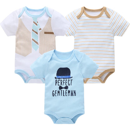 New Baby Boy Clothes Summer 100%Cotton Blue Grey Tie Print Three Piece Short Sleeve Bodysuit Pants Vetements Bebe For 0-12M