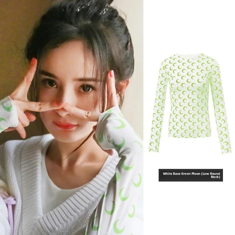 Sweet Two Piece Set Women American Retro Layered Outfit Long Sleeve Moon Print Top Ice Silk Pants Sexy Casual Autumn Fashion