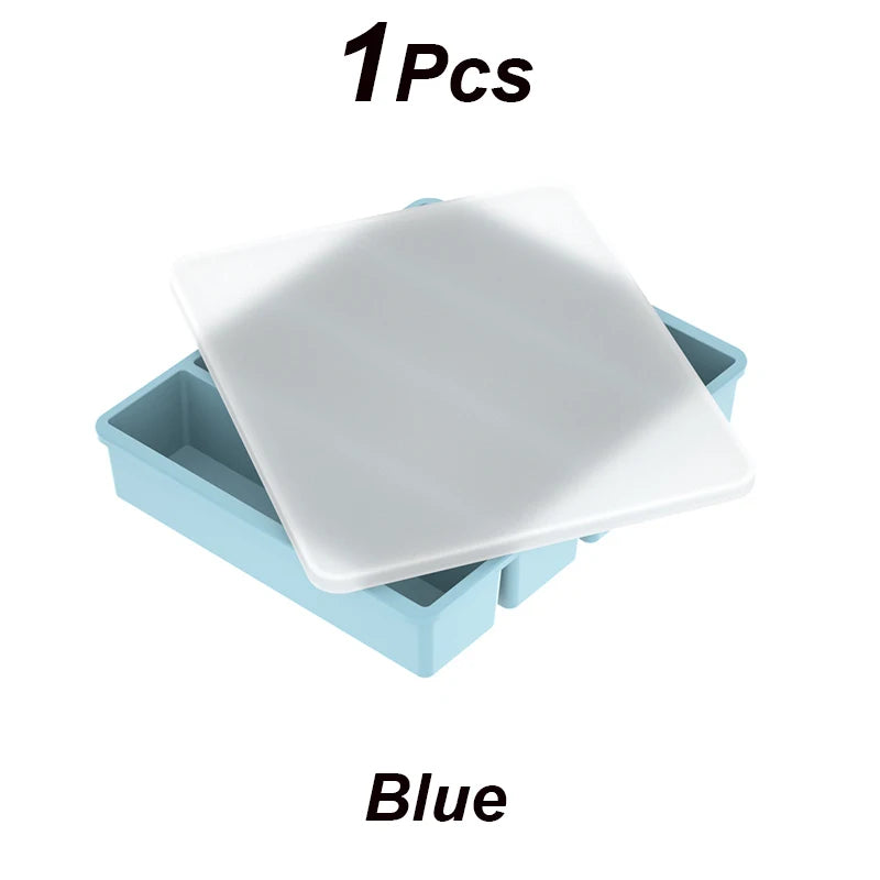 4 Grid Big Ice Tray Long Strip Square Whiskey Ice Cubes Silicone Mold With Lid Non-toxic Durable Pub Wine Ice Blocks Maker Model