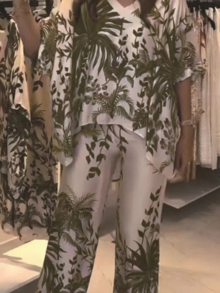 Fashion Short-sleeved V-neck Top + Wide-leg Pants 2-piece Set Women Elegant Spring Loose Irregular Top Floral Print Suit Female