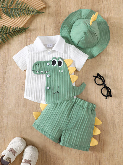 Baby Boy Three-Piece Set: Dinosaur Short-Sleeved Shirt + Shorts + Sun Hat, Cute Summer Outfit, Soft and Breathable Fabric