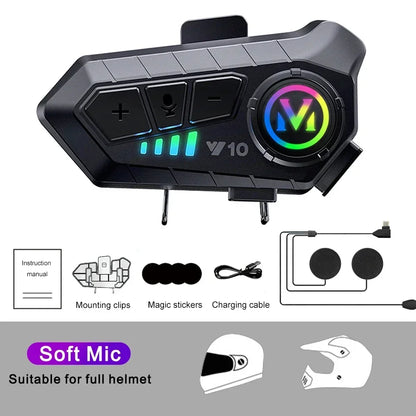 Y10 Motorcycle Bluetooth 5.3 Helmet Headset with Colorful Lights Waterproof Wireless Earphone Hands-free Headset Waterproof