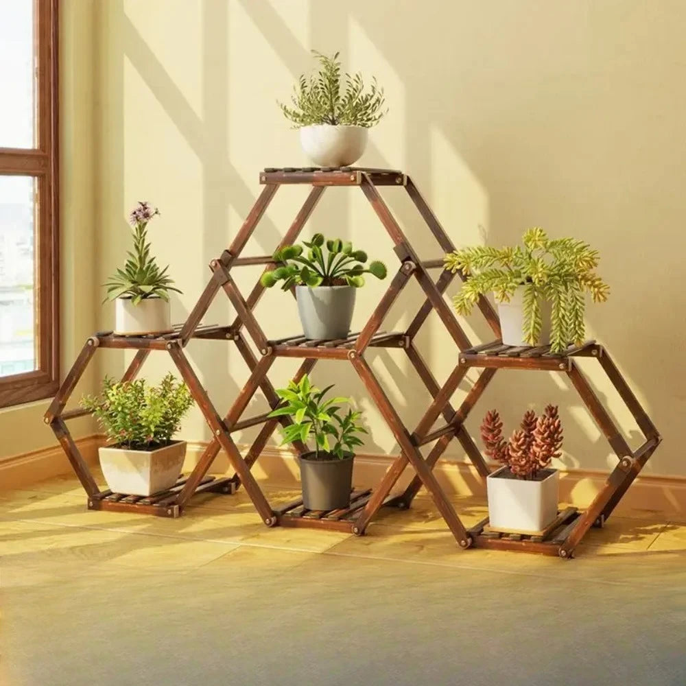 Solid Wood Plant Stand Outdoor for Multiple Plants Carbonized Wood Flower Pot Holder Heavy Duty Load Balcony Garden Home Decor