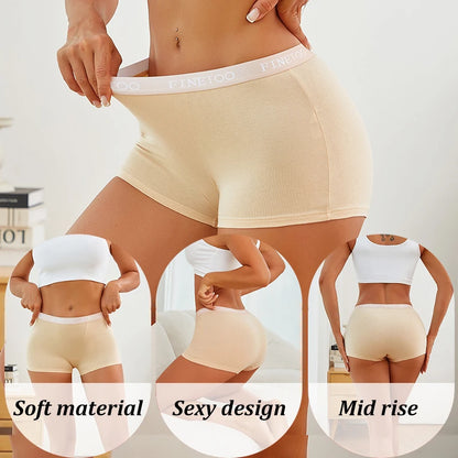 FINETOO 6Pcs Women Cotton Panties Mid Rise Stretch Logo Waistband Boxer Briefs Soft Breathable Solid Color Seamless No Ride Up Underwear for Daily Yoga Workout Leggings Anti Chafe Hip Coverage Short Underpants