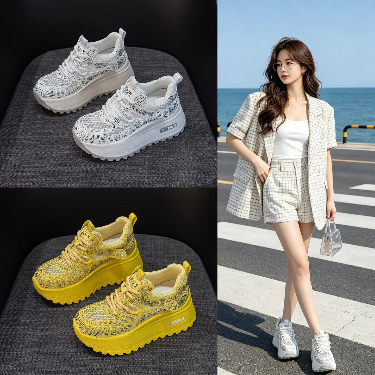 GKTINOO Hollow Sandals Rhinestones Fashion Lightweight Luxury Women Chunky Sneakers Female Summer Height Increasing Ladies Shoes