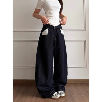 YIBASHU Women Jean Baggy Black Wide Fit Denim Pants Boyfriend Punk Grunge Y2K Japanese Harajuku 2000s High Street American Retro