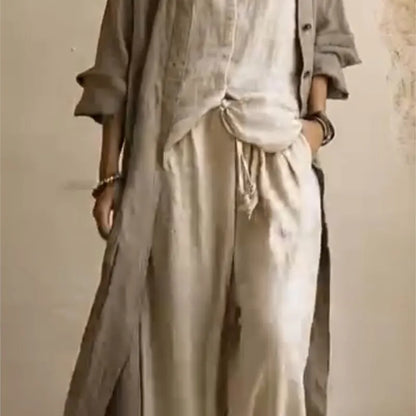Women Casual Loose Long Sleeve 3 Piece Suits Autumn Vintage Solid Street Outfits Sexy V-neck Top + Long Pant + Cardigan Set