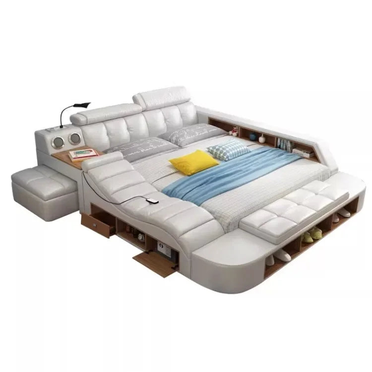 MINGDIBAO  All In One Bed, Luxury Multifunctional Genuine Leather Bed Frame with Tatami, Tech Smart Ultimate Lit 2 Personnes
