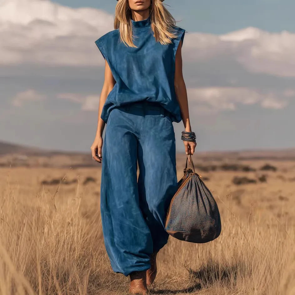 New Fashion Shirt + Wide Leg Pants Two-piece Sets Women Summer Casual Loose Solid Color Denim Top And Trousers Suit For Women