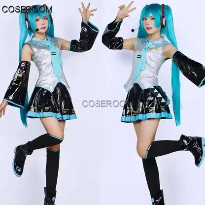 Miku Cosplay Silver Leather Fabric Suit Miku Cosplay Costume JK Sailor Dress High School Halloween Uniform Wig