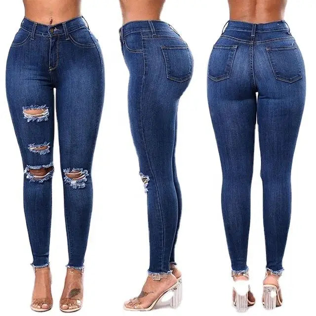 Custom Women's High Elastic Waist Stretch Ripped Straight Jeans Distressed Canvas Pants OEM Wholesale Manufacturer
