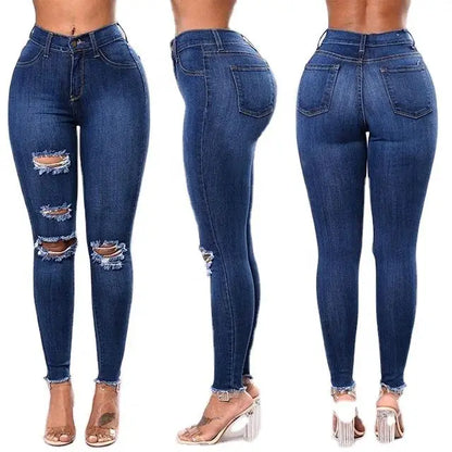Custom Women's High Elastic Waist Stretch Ripped Straight Jeans Distressed Canvas Pants OEM Wholesale Manufacturer