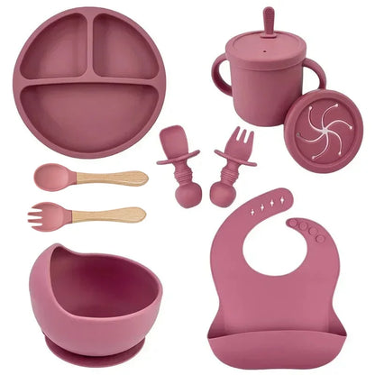 Food Grade Silicone Child Dish Set Baby Feeding Bowl Suction Plate Straw Cup Wooden Spoon Fork for Kids Tableware Toddler Dishes
