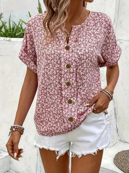Plus Size Women's Shirts 2025 Spring Summer New Fashion Casual Floral Printing V-Neck Short Sleeve Blouses Korean Style Clothing