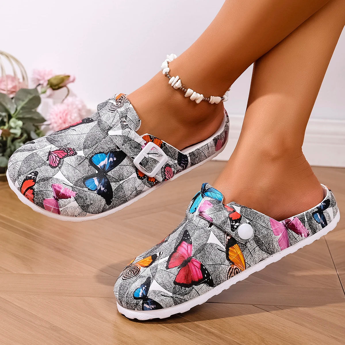 New Women's Fashionable Slip-On Slippers Elegant Black-Gray Butterfly Watermark Wedge Heel with Durable Soft Sole Comfortable Fo