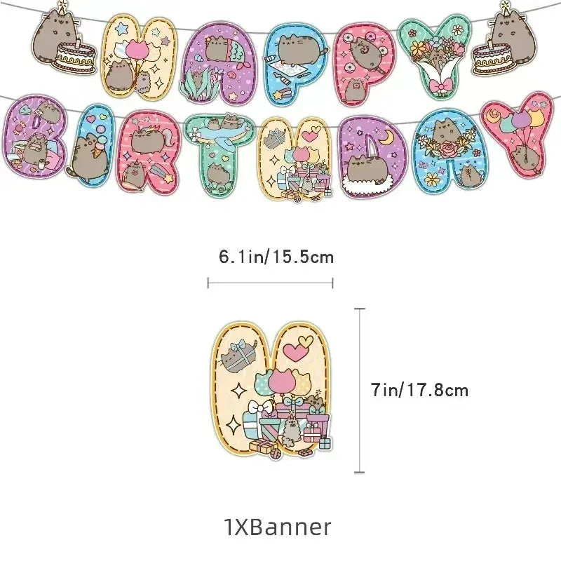 The Pusheen Cat Balloons Birthday Decoration Party Supplies Cartoon Grey Pet Fat Cat Theme Banner Backdrop Cake Topper Sticker