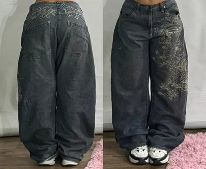 American New Fashion Cherry Blossom Letter Pattern Embroidered Baggy Jeans Women Y2K Gothic Popular Straight Wide-leg Trousers