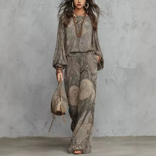 Boho Women 2‑piece Outfit Vintage Paisley Print Long‑sleeve Blouse