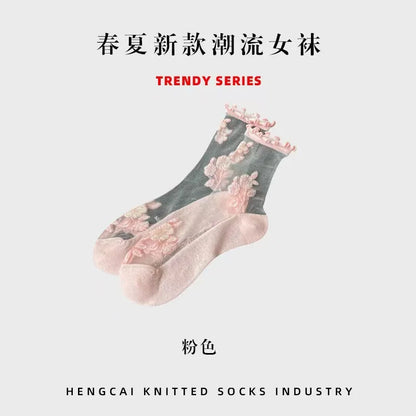 Transparent Crystal Silk Socks Women Fashion Ultra-thin Summer Harajuku Crew Socks Flower Streetwear Elastic Long Mesh Socks