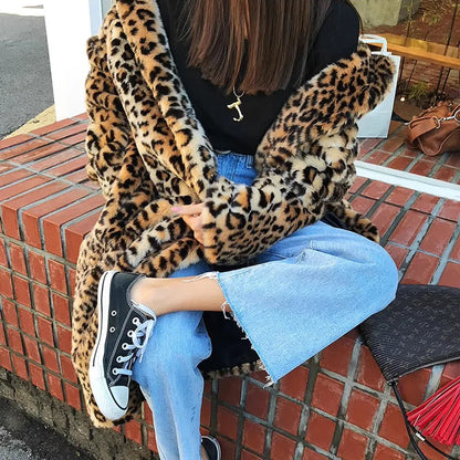 2026 New Women Leopard Print Faux Fur Coat Long Sleeve Fluffy Winter Warm Plush Overcoat