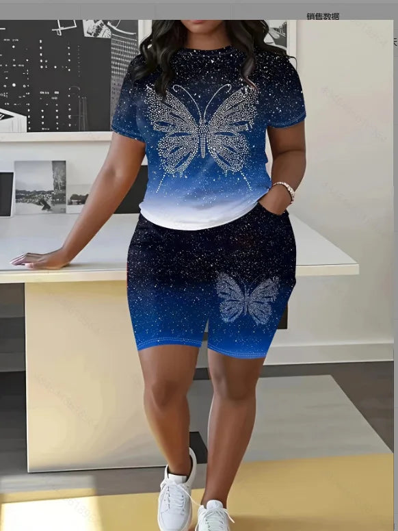 Fashion Casual Women's Shorts Short Sleeve Suit Gradient Letter Print Summer Suit T-shirt + Shorts 2 Pieces Sets 2025