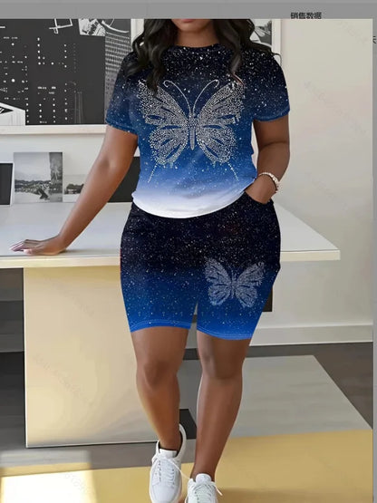 Fashion Casual Women's Shorts Short Sleeve Suit Gradient Letter Print Summer Suit T-shirt + Shorts 2 Pieces Sets 2025