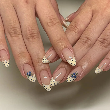 3D Lemon Blue White Striped French Nail Art Summer Chic Short Round False Nails Detachable Finished Fake Nails Press on Nails