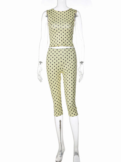 Dulzura Polka Dot Casual Sports 2 Piece Long Pants Set Backless Tank Top Slim Fit Long Pants Matching Set Vacation Street Outfit