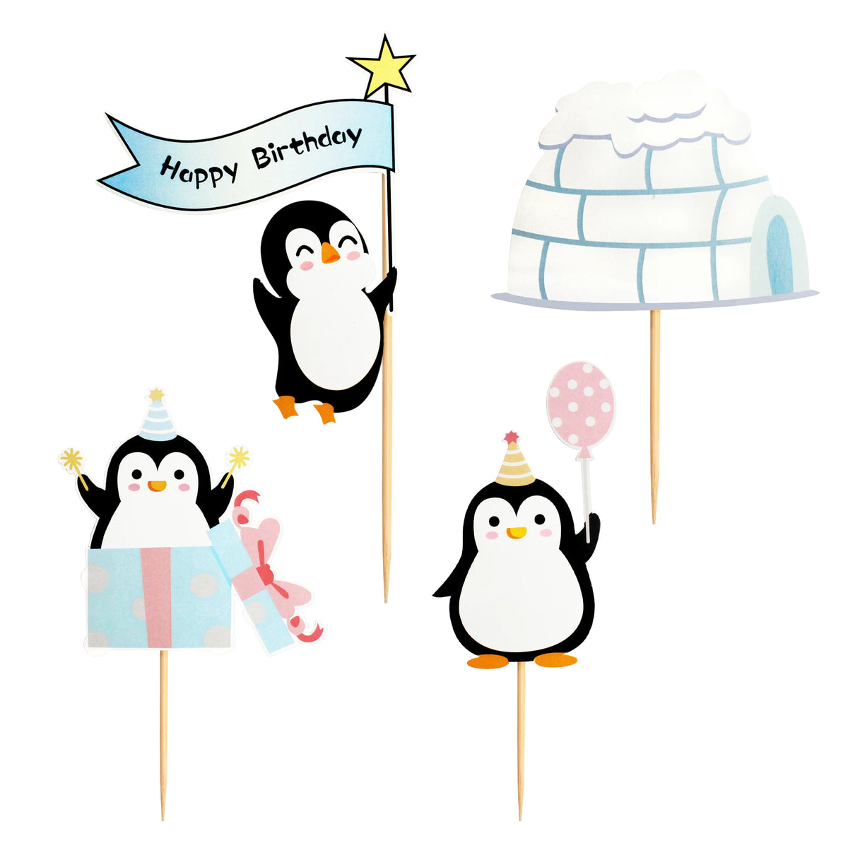 Happy Birthday Cake Topper Penguin Hat Snowflake Anniversary Cupcake Toppers Baking DIY Party Flag Baby Shower Cake Decor