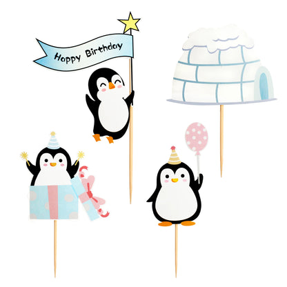 Happy Birthday Cake Topper Penguin Hat Snowflake Anniversary Cupcake Toppers Baking DIY Party Flag Baby Shower Cake Decor
