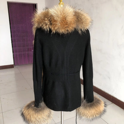 Women's Real Fox Fur Cardigan Jacket Spring and Autumn with Knitted Sweaters and Real Fox Fur Collar Women Raccoon Fur Cardigan
