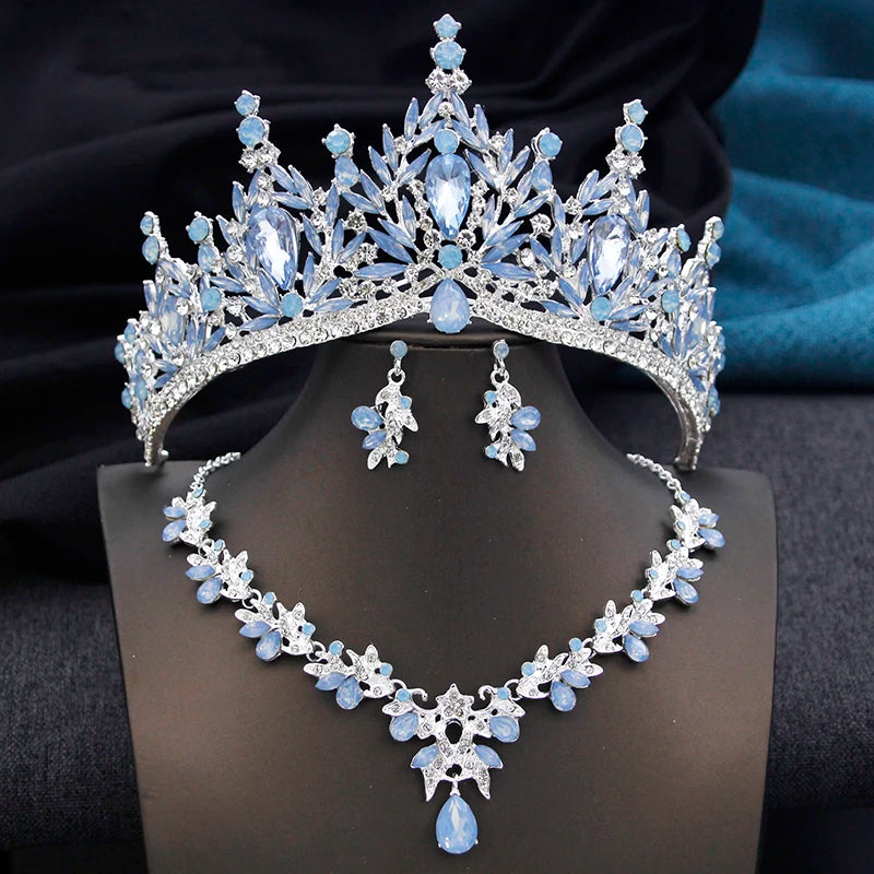 Royal Queen 3 Pcs Tiaras and necklace earrings for Bridal Jewelry Sets Women Brides Wedding Crown Prom Birthday Accessories