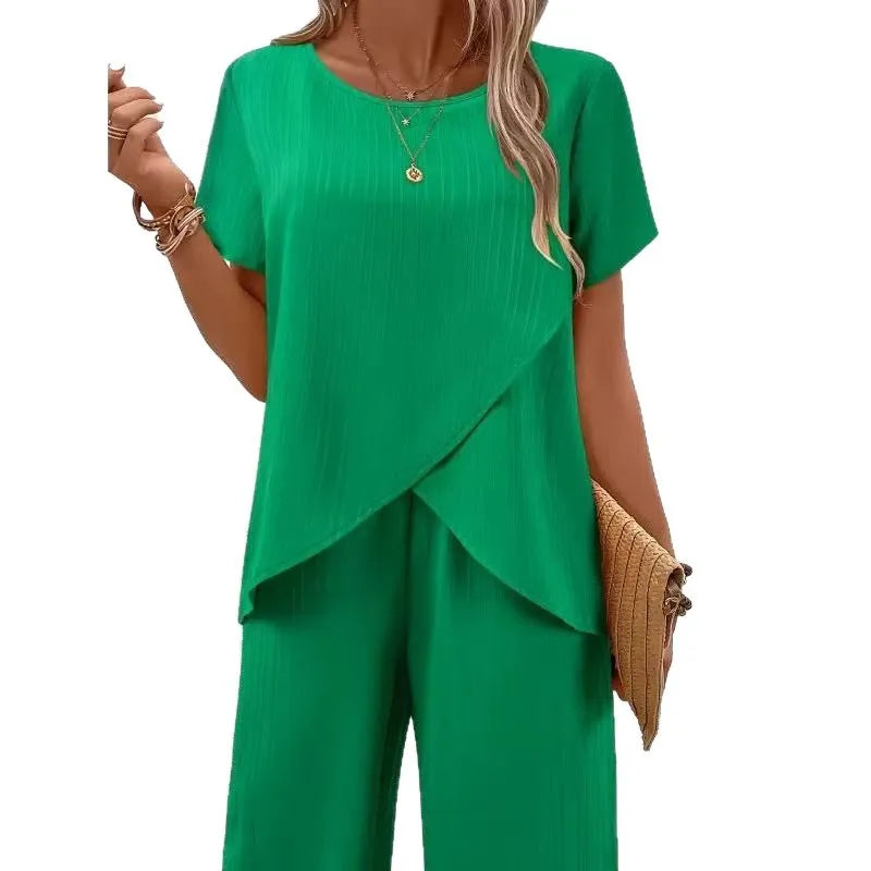 2 pieces women sets 2026 summer short-sleeved irregular round-neck loose top+casual solid color pant sets women's clothing