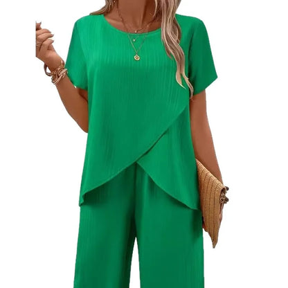 2 pieces women sets 2026 summer short-sleeved irregular round-neck loose top+casual solid color pant sets women's clothing