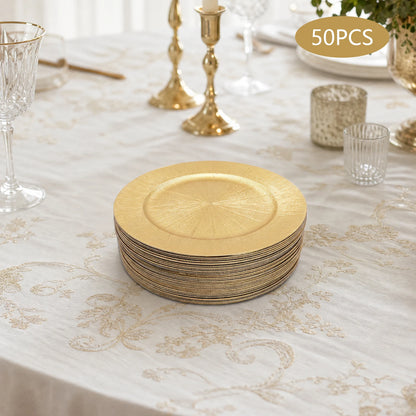 Gold Round Charger Plates Set 50Pcs PP Reusable Serving Plates For Wedding Banquet Hotel Restaurant Party Table Decor