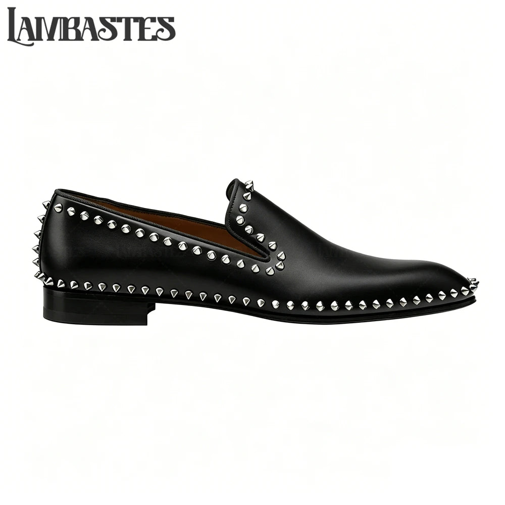Metallic Stud Trimmed Mens Loafers Patent Matte PU Leather Slip on Shoes Edge Studded Accent Designer Style Formal Dress Shoes