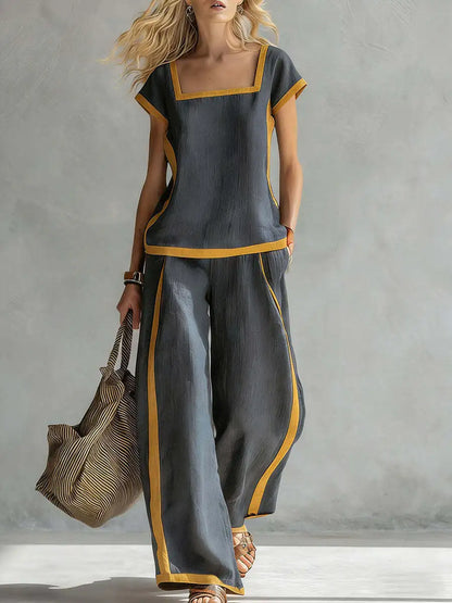 Fashion Square-neck Short-sleeved Wide-leg Trousers Women 2piece Summer New Casual Retro Pocket Trousers Female Office Suit 2026