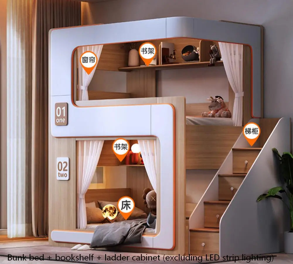 Simple Small Space Bunk Bed for Kids Floating Style High Guardrail Privacy Separated Twin Bed with Double Bookshelves