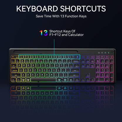 Ergonomic Backlit Keyboard Mouse Combo with Phone Holder 2.4G Wireless Rechargeable Keyboard Mouse Set for Win XP/7/8/10/11