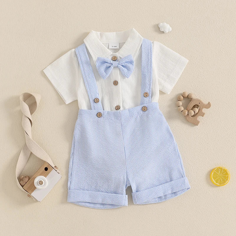 Infant Baby Boy Summer Gentleman Outfit Short Sleeve Lapel Neck Shirt Romper + Stripe Suspender Shorts + Bowtie for Newborn
