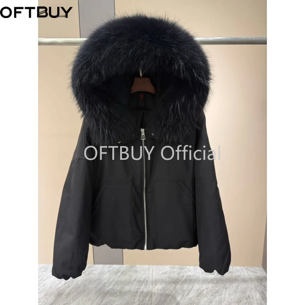 OFTBUY Natural Raccoon Fur Collar Goose Down Jacket Women Cropped Coat Winter Warm Hooded Zipper Windproof Fashion Outerwear