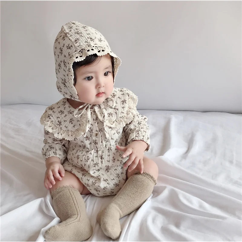 Newborn Girl Cotton Floral Doll Lace Collar Long Sleeve Princess Romper + Hat Suit Baby Clothes Set 0-2 Years Old