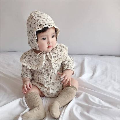 Newborn Girl Cotton Floral Doll Lace Collar Long Sleeve Princess Romper + Hat Suit Baby Clothes Set 0-2 Years Old