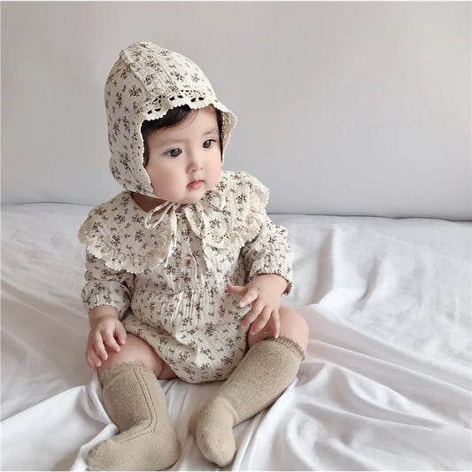 Newborn Girl Cotton Floral Doll Lace Collar Long Sleeve Princess Romper + Hat Suit Baby Clothes Set 0-2 Years Old